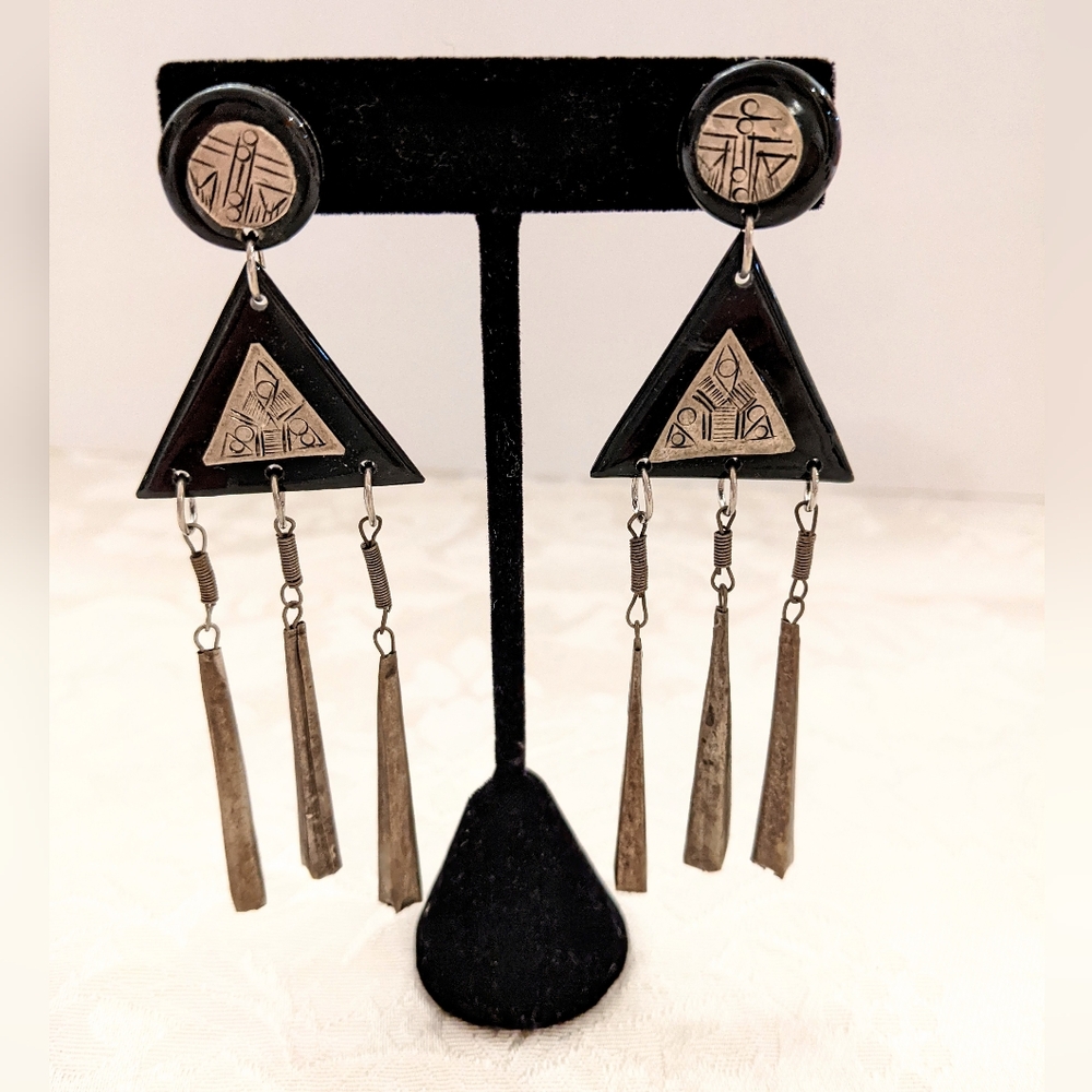 Vintage Silver Metal & Black Lacquer Tribal Art Deco Drop Earrings Pierced Post